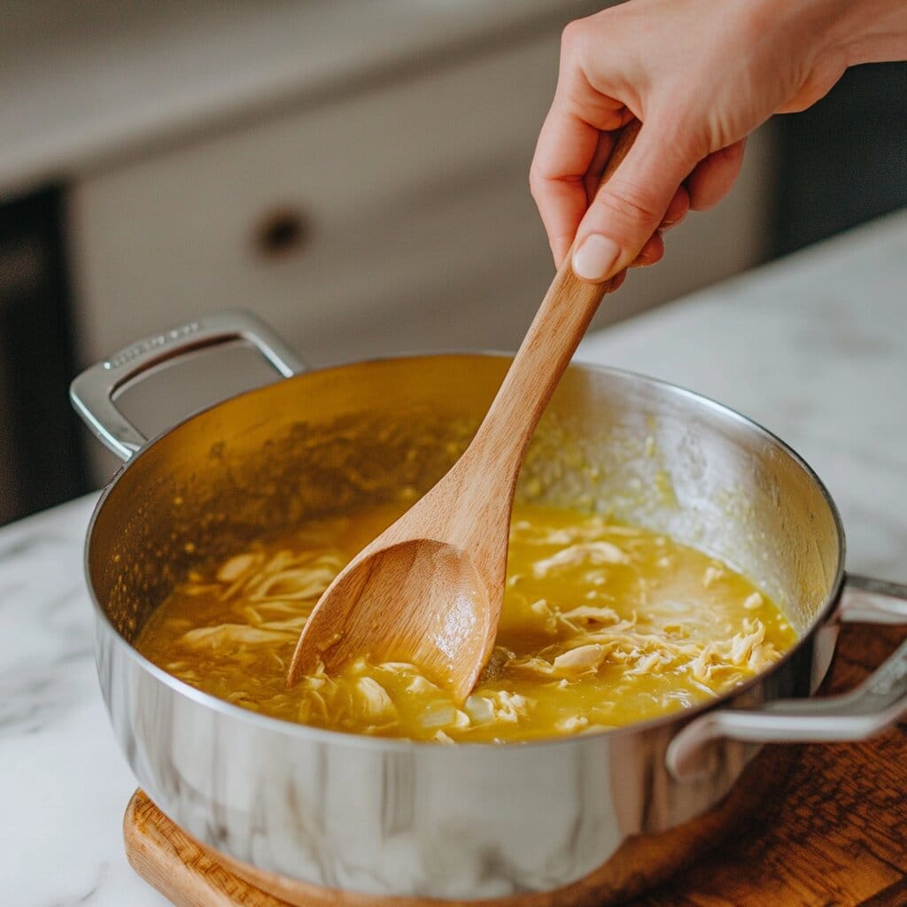 A close-up of a simmering pot of chicken and ham soup