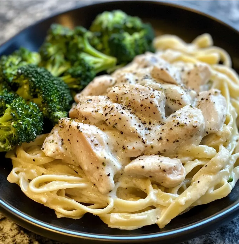 close-up of a bowl of creamy chicken marsala pasta, featuring tender pieces of chicken, golden-brown mushrooms, and pasta coated in a rich, creamy marsala wine sauce. Garnished with fresh parsley and grated Parmesan cheese, the dish is served warm and looks inviting.
