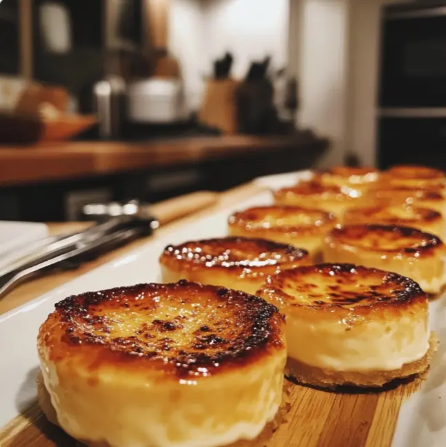 Gourmet Crab Brulee served in a ramekin with caramelized sugar crust and garnished with fresh herbs.