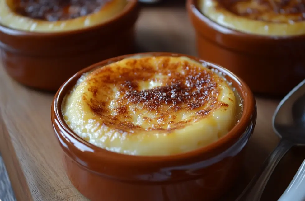Gourmet Crab Brulee served in a ramekin with caramelized sugar crust and garnished with fresh herbs.