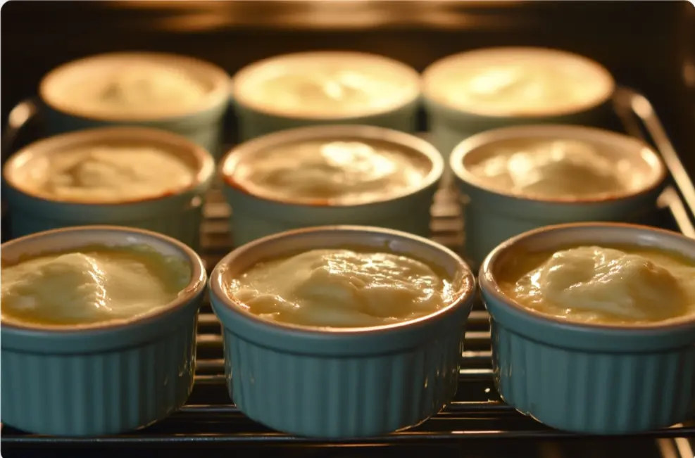 Gourmet Crab Brulee served in a ramekin with caramelized sugar crust and garnished with fresh herbs.