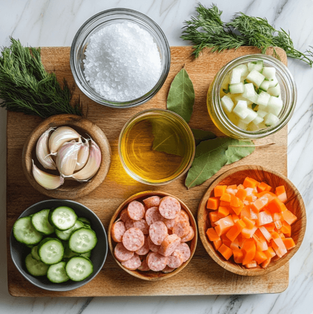 Ingredients for making pickle pie pizza, including pickles, cheese, sauce, and dough.