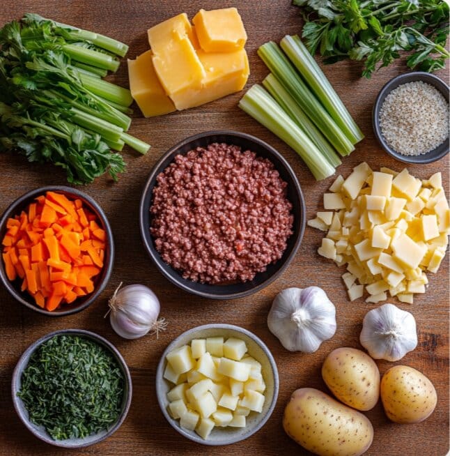 Ingredients for Ma’s Meatloaf, including ground meat, breadcrumbs, eggs, and seasonings, arranged on a countertop