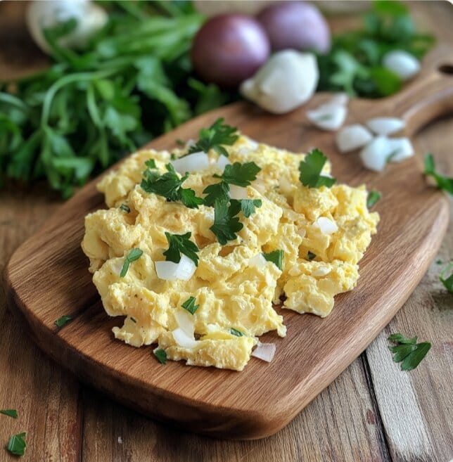 Hands filling a croissant with egg salad and fresh herbs