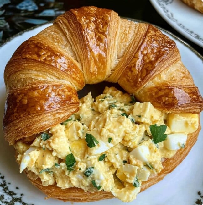 Golden croissant filled with creamy egg salad on a white plate