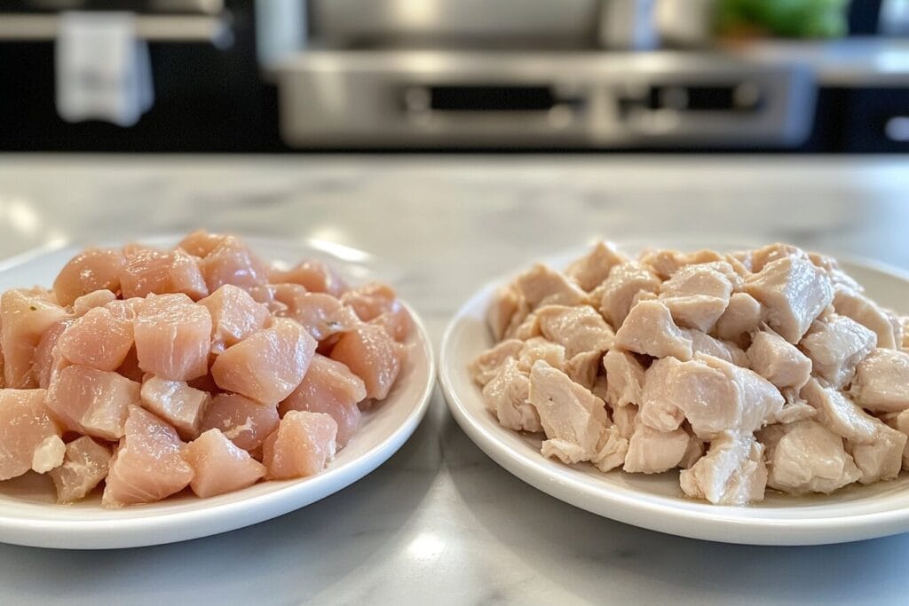 Ingredients for chicken and ham soup laid out on a kitchen counter.