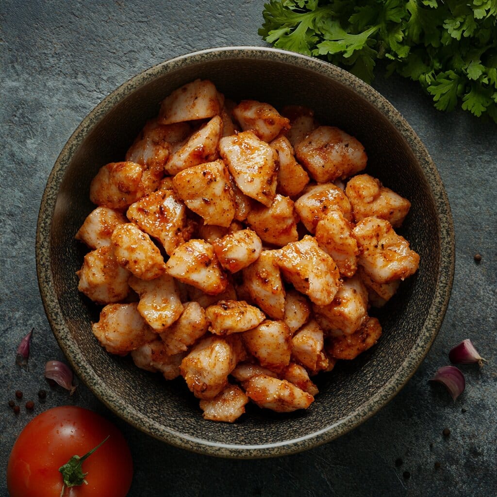 Combining all the ingredients to create a flavorful chicken salad