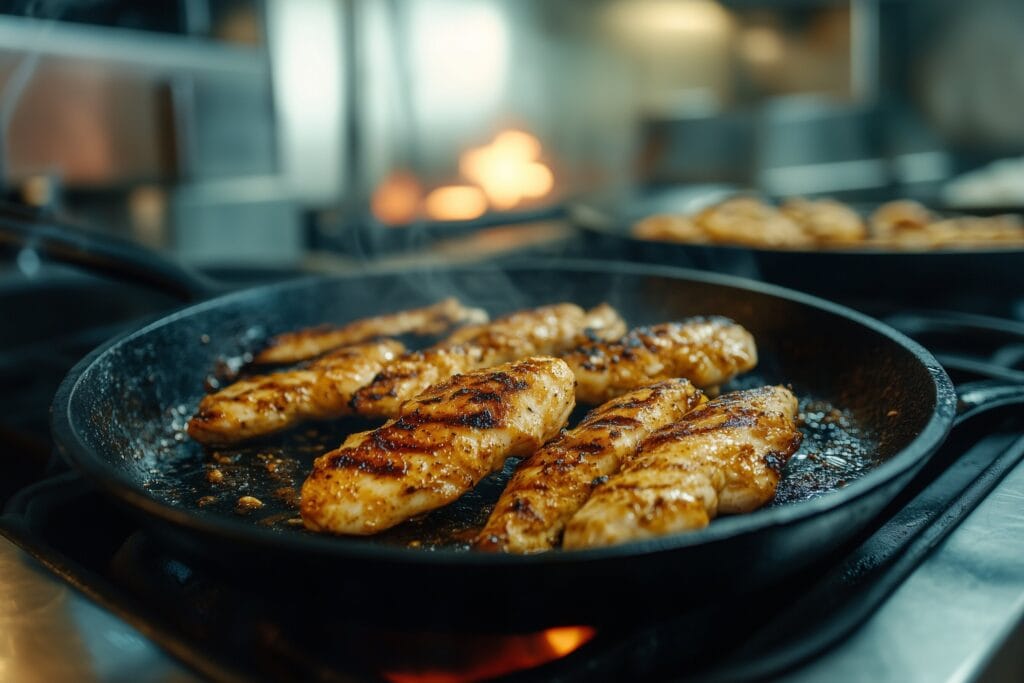 Spicy sliced fried chicken placed on jalapeño mac and cheese, garnished with red pepper flakes.