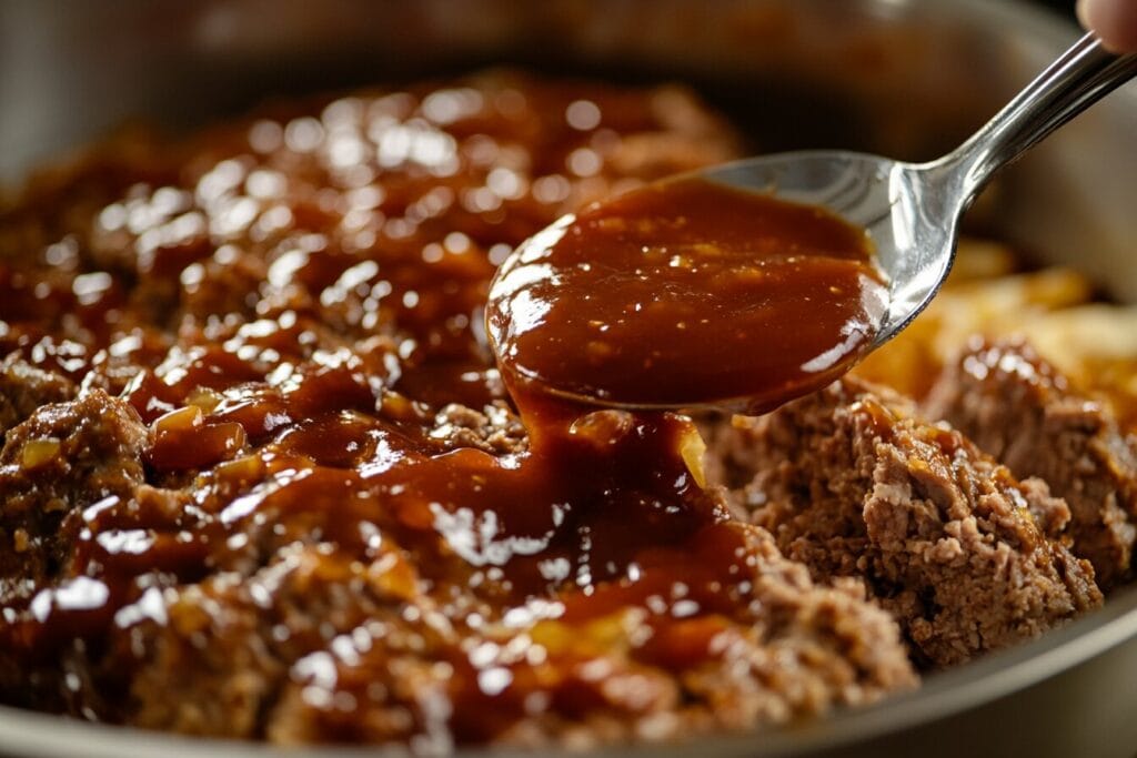 Ma’s Meatloaf in a loaf pan ready to be baked in the oven, topped with a tangy glaze