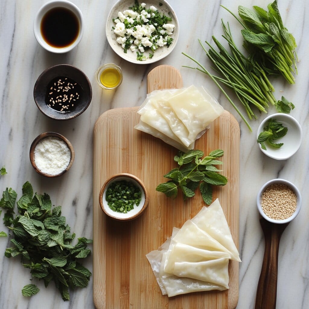 Fresh ingredients for Subgum Wonton Soup, including raw wontons, sliced vegetables, chicken, and bowls of broth and soy sauce.
