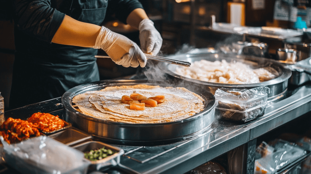 Close-up of a chef shaping sushi rice into a circular base on parchment paper, ready to be fried.