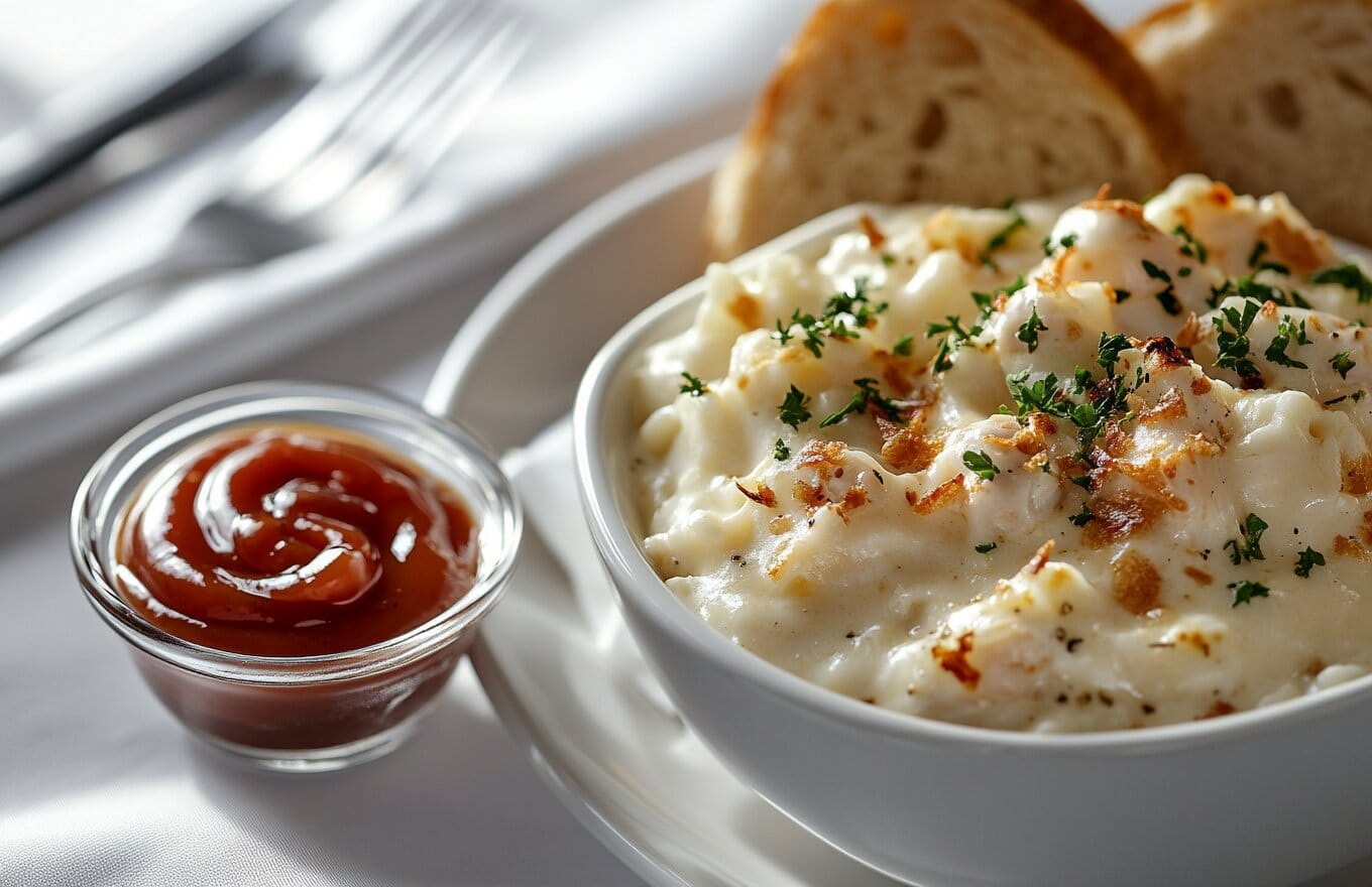 Bob Evans mashed potatoes in a serving dish with garnishes.