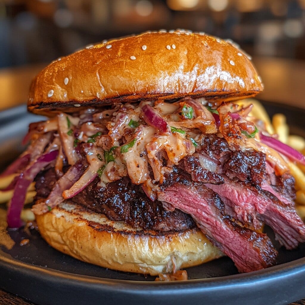 A perfectly assembled beef brisket sandwich with toasted bread, slow-cooked brisket, and BBQ sauce, served on a wooden board.