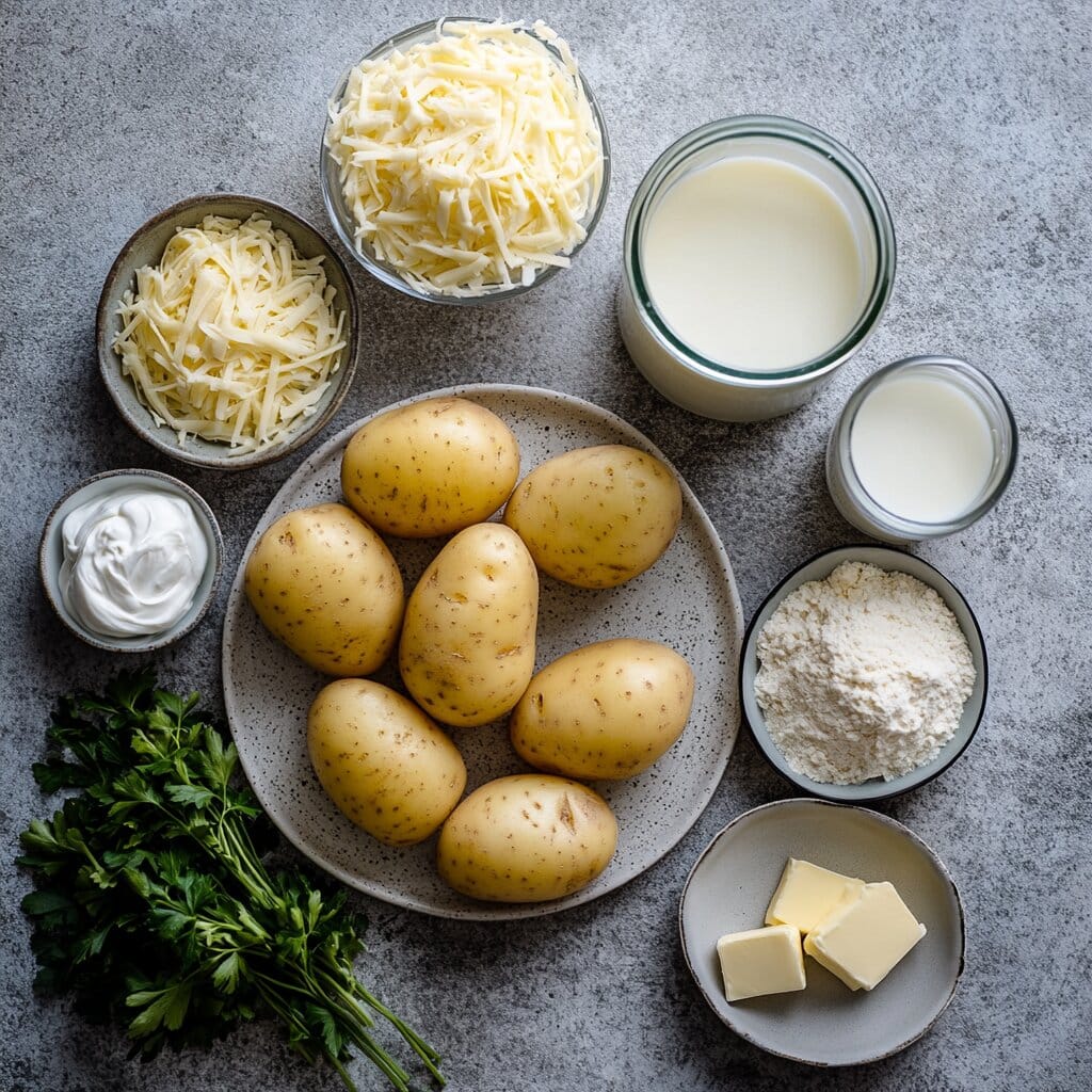  Ingredients for Passover potato pie displayed on a countertop.