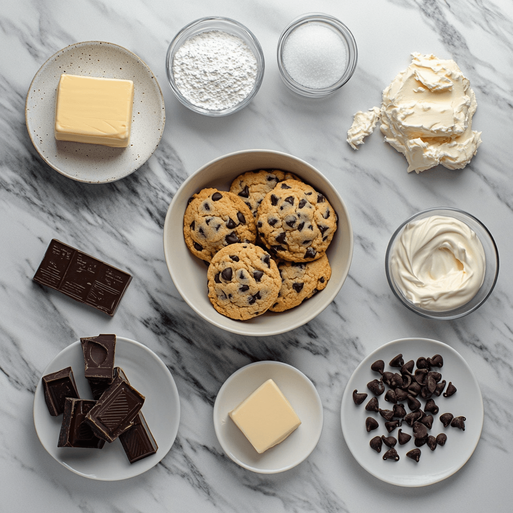 Ingredients for chocolate butter cookies spread out on a kitchen counter