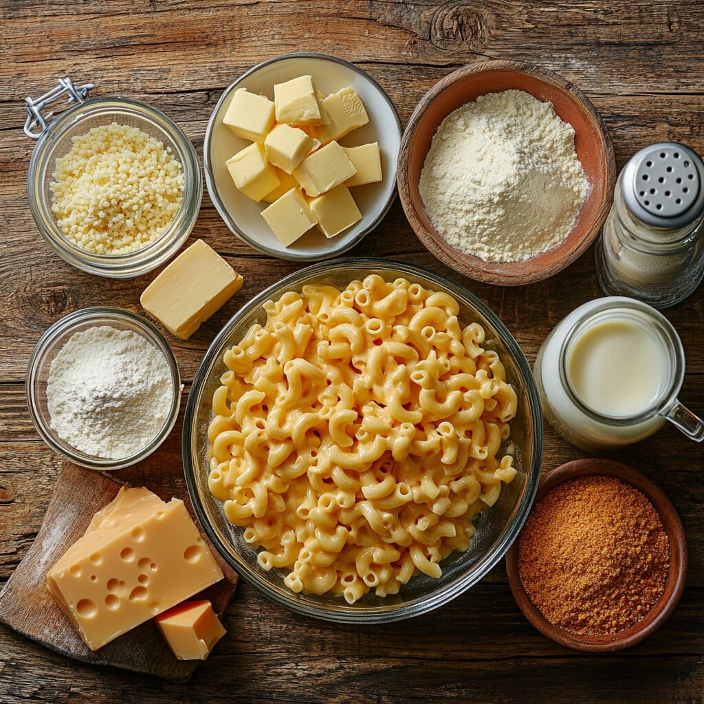Ingredients for sliced fried chicken on mac and cheese, including chicken, pasta, cheese, and seasonings.