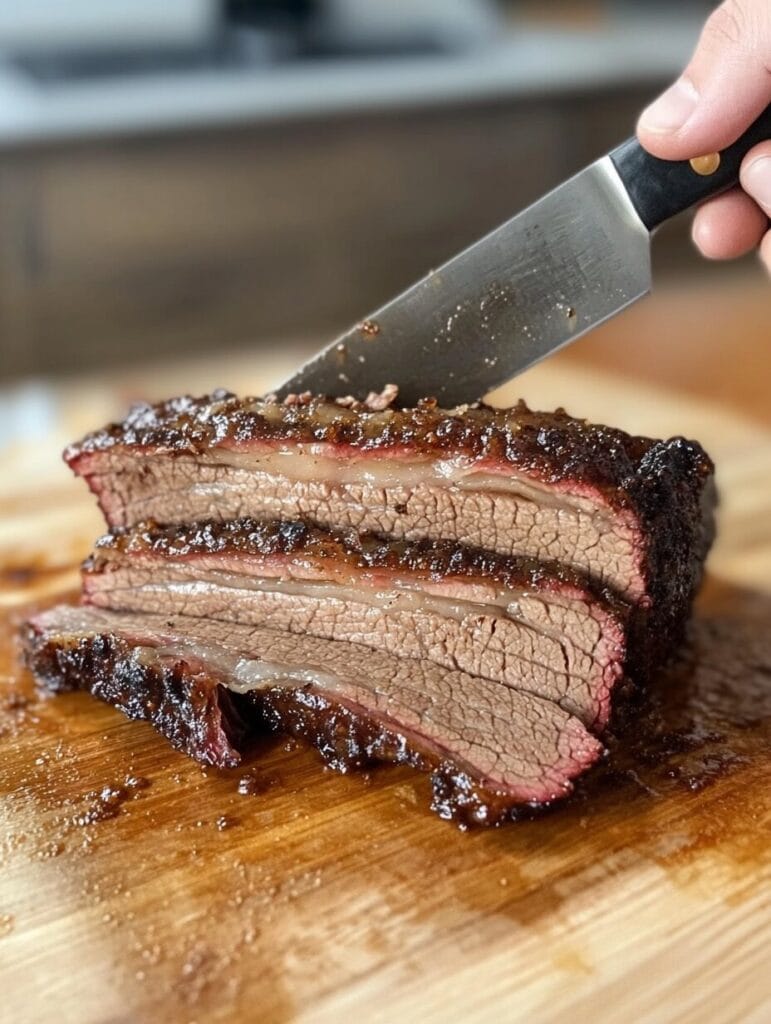 A step-by-step image showing the assembly of a beef brisket sandwich with layering techniques.