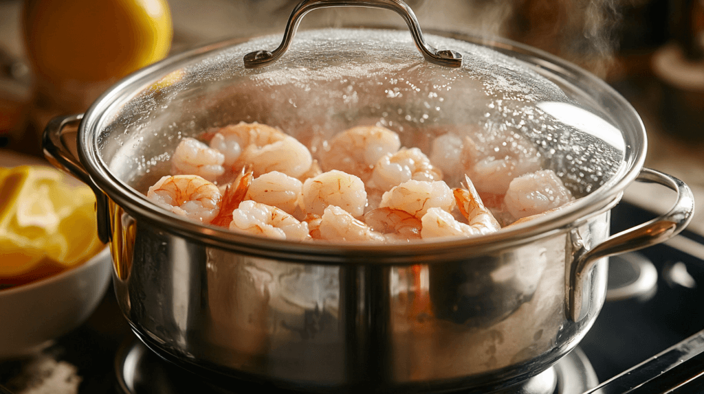 Seafood bake being assembled in a casserole dish before baking.