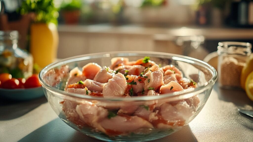 A close-up of a simmering pot of chicken and ham soup