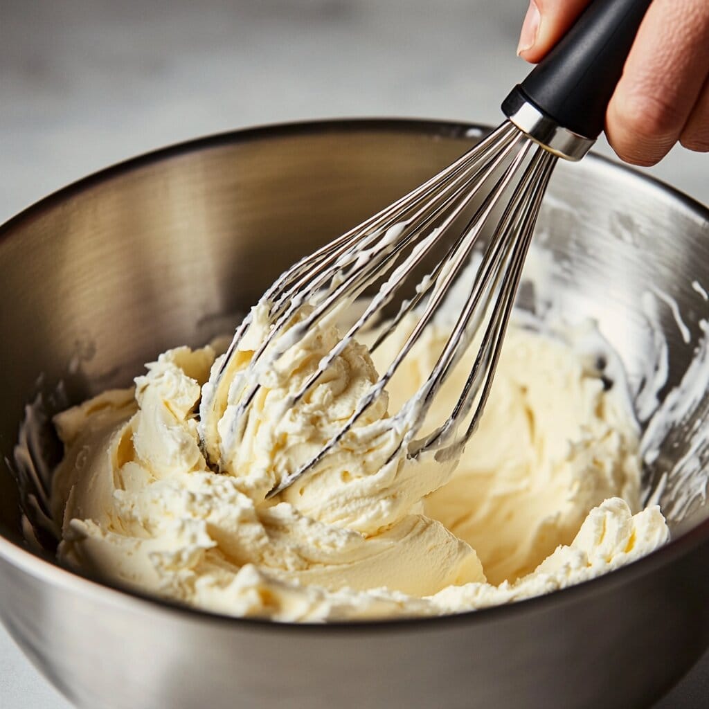 A close-up of hands spreading creamy filling over a pecan pie crust, surrounded by mixing bowls and ingredients on a wooden table.