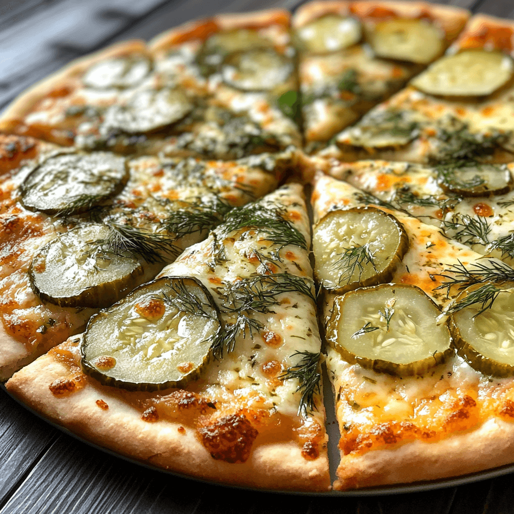 Freshly baked pickle pie pizza with dill pickles and melted cheese.