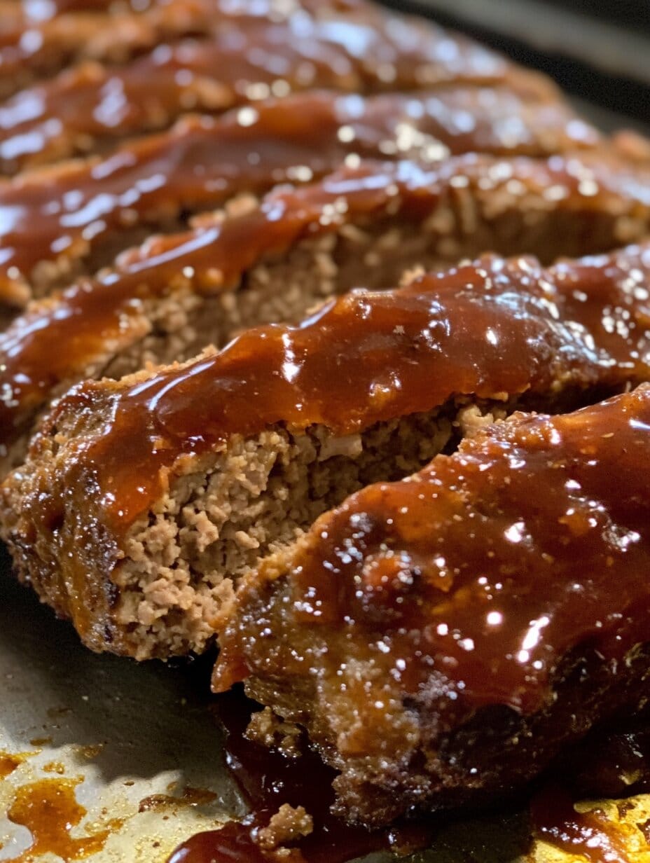 Ma’s Meatloaf freshly baked and glazed, served on a rustic wooden board with parsley garnish.