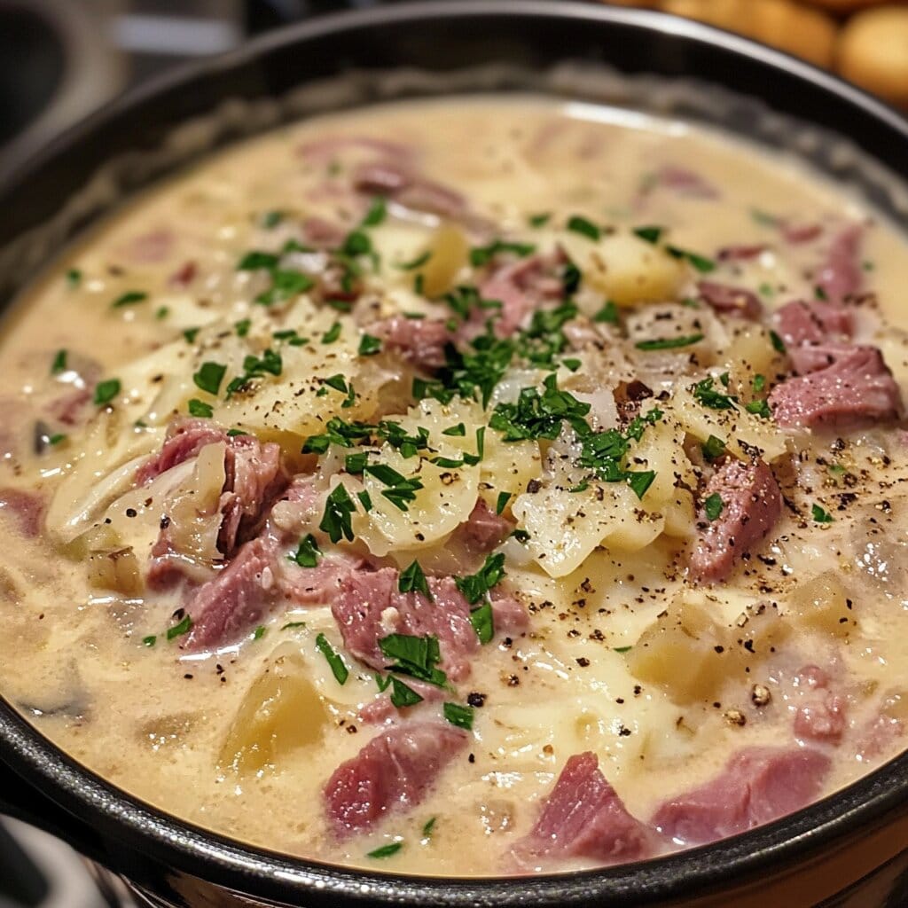 A bowl of homemade chicken and ham soup with fresh herbs