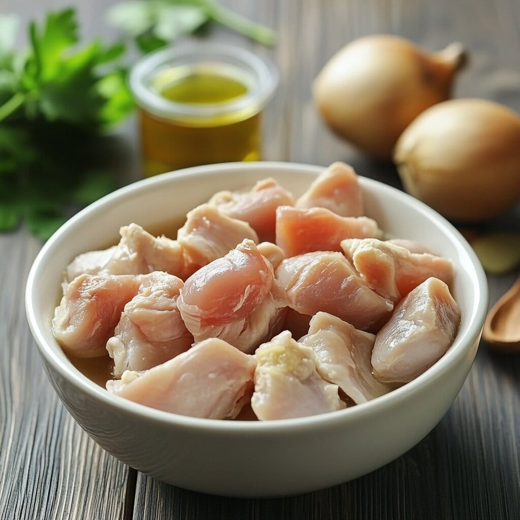 A delicious 4-ingredient chicken salad in a bowl surrounded by fresh ingredients.