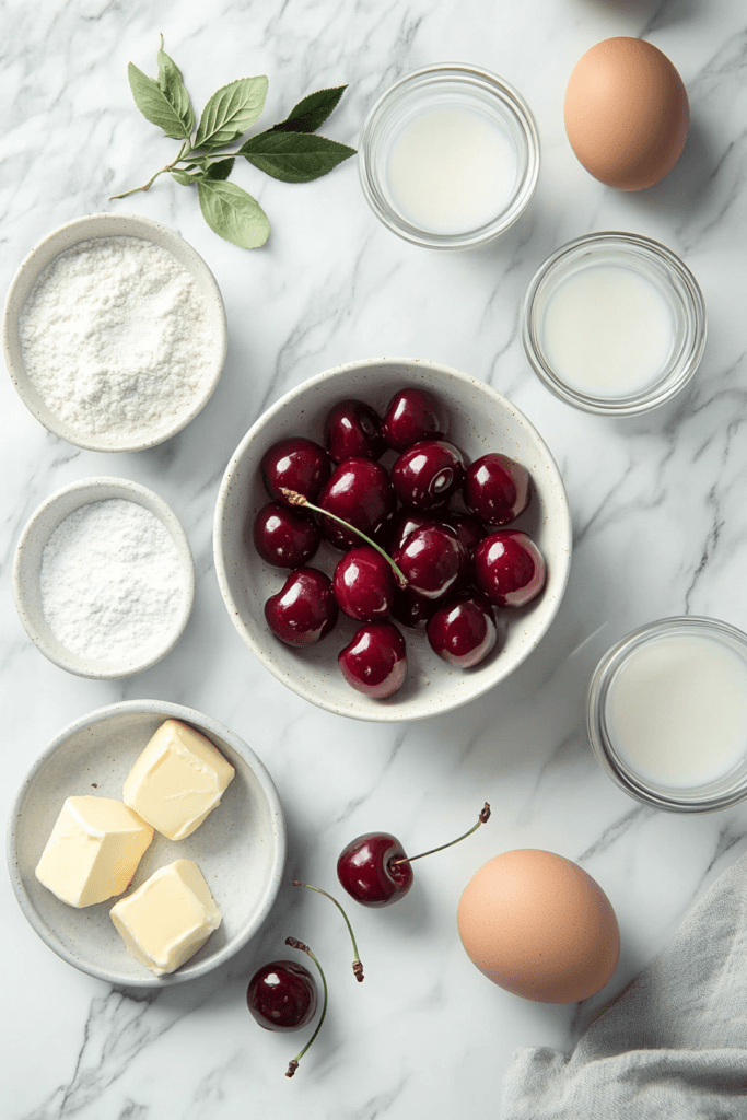 An arrangement of the main ingredients for Classic Cherry Delight, including cherries, graham crackers, cream cheese, and whipped topping.