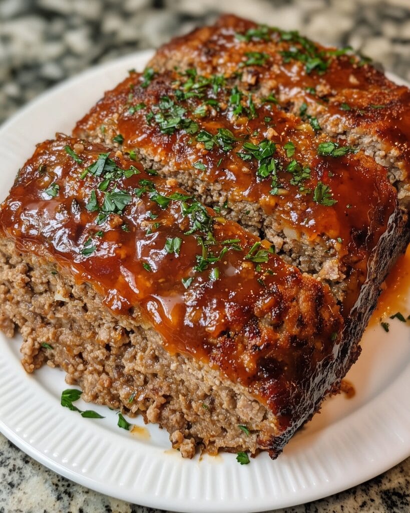 Freshly baked Ma’s Meatloaf with tangy glaze on a serving platter