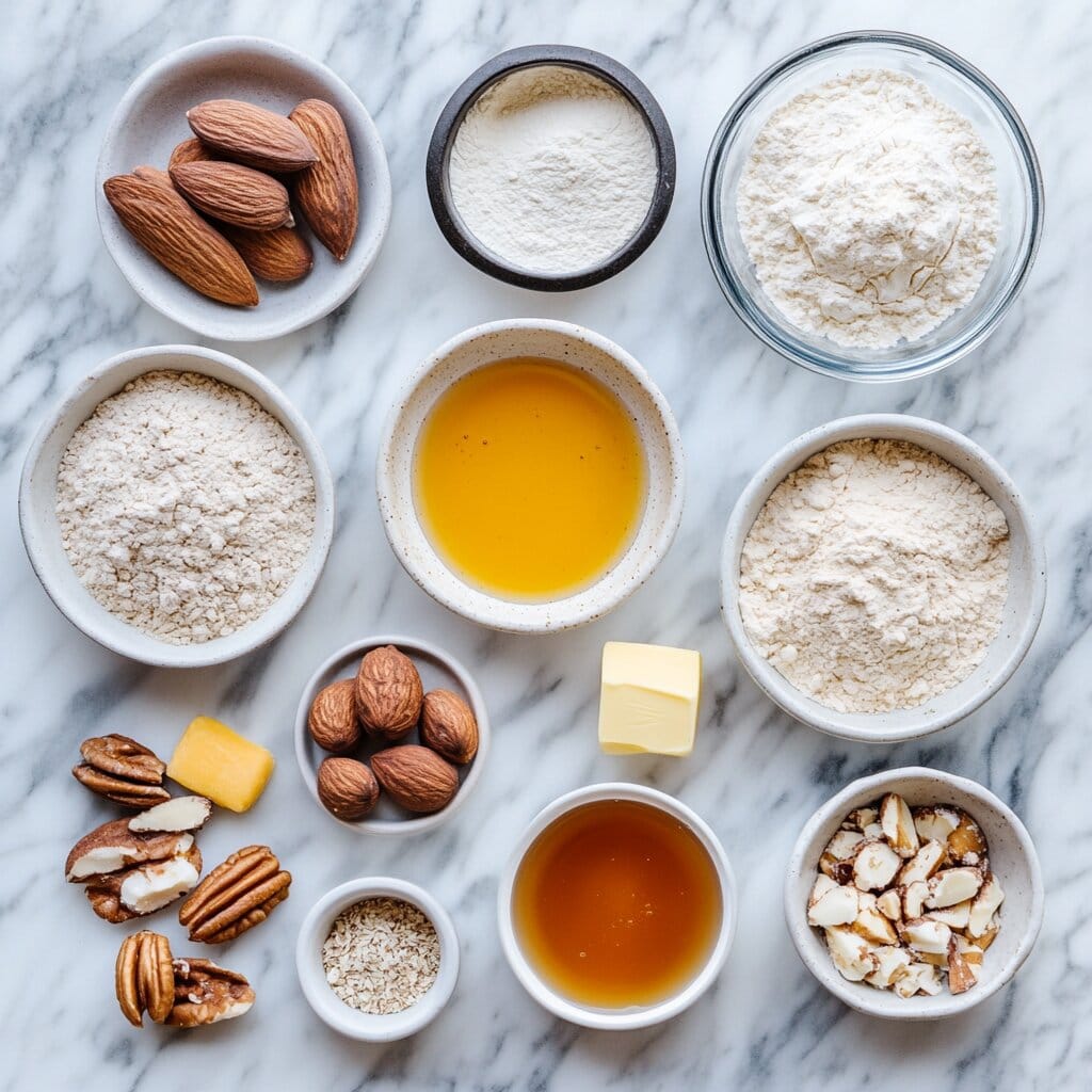 Ingredients for banana bread arranged on a kitchen countertop, including ripe bananas, flour, sugar, eggs, butter, baking powder, and a bowl of walnuts, ready for baking