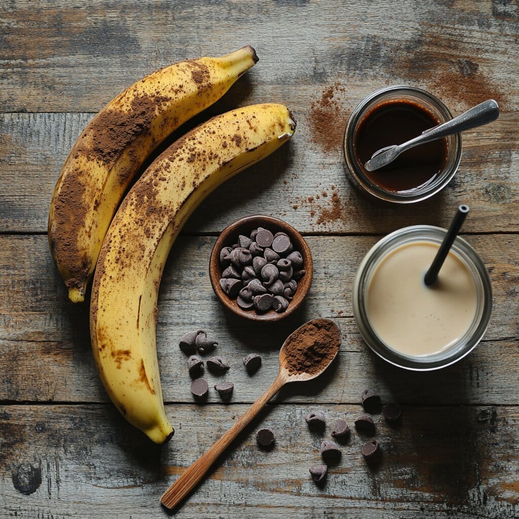 Ingredients for banana bread arranged on a kitchen countertop, including ripe bananas, flour, sugar, eggs, butter, baking powder, and a bowl of walnuts, ready for baking