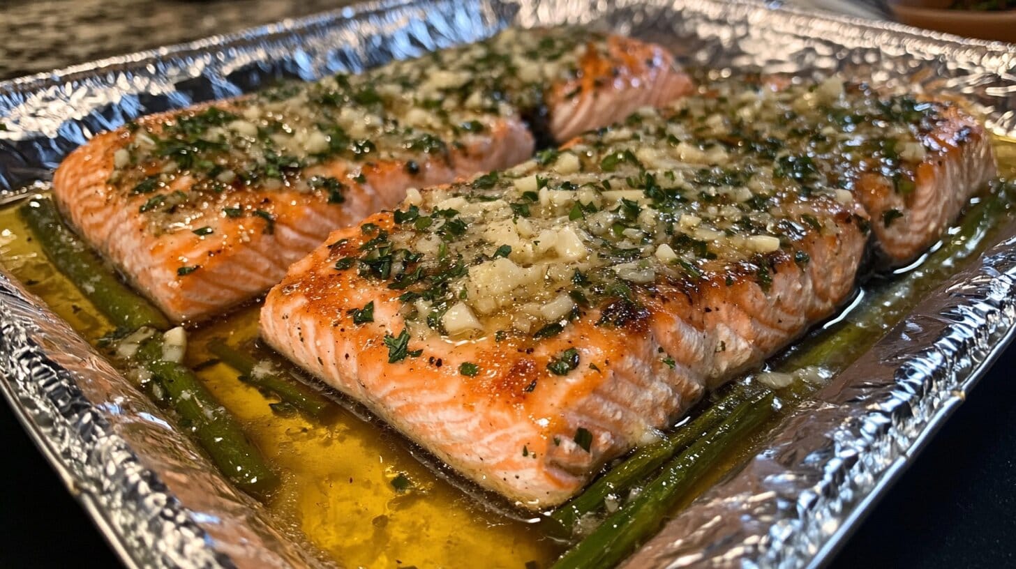 Perfectly cooked salmon in an air fryer wrapped in foil, garnished with lemon slices and herbs