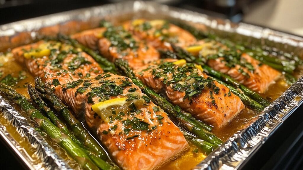 Salmon fillet wrapped in foil, ready to be placed in the air fryer, surrounded by fresh herbs and seasonings