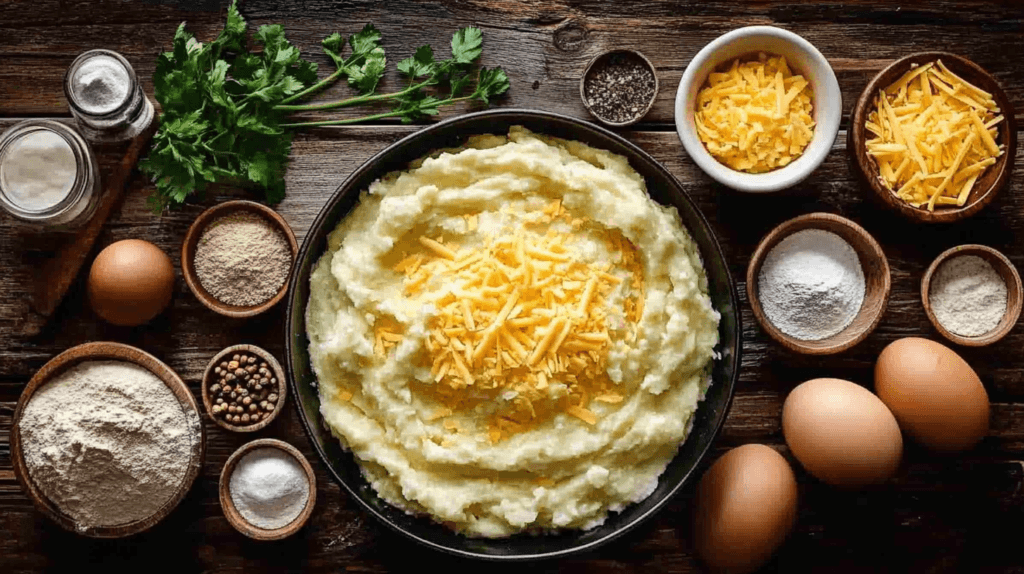  Ingredients for Cheesy Mashed Potato Puffs arranged on a wooden surface