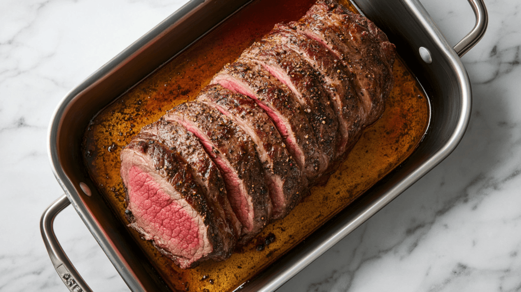 A beef bottom round roast being seasoned with spices.