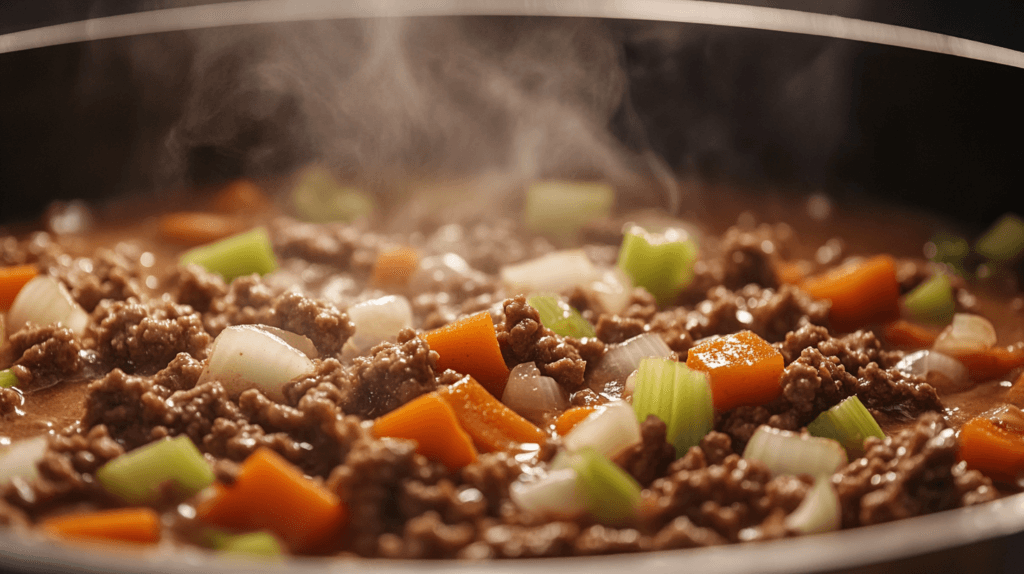 Ground beef and vegetables cooking in a pot for hamburger potato soup