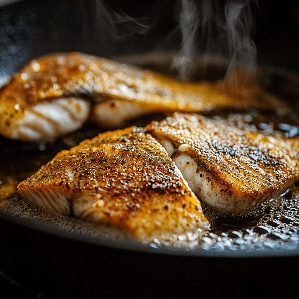 Snapper being fried in a pan with hot oil.