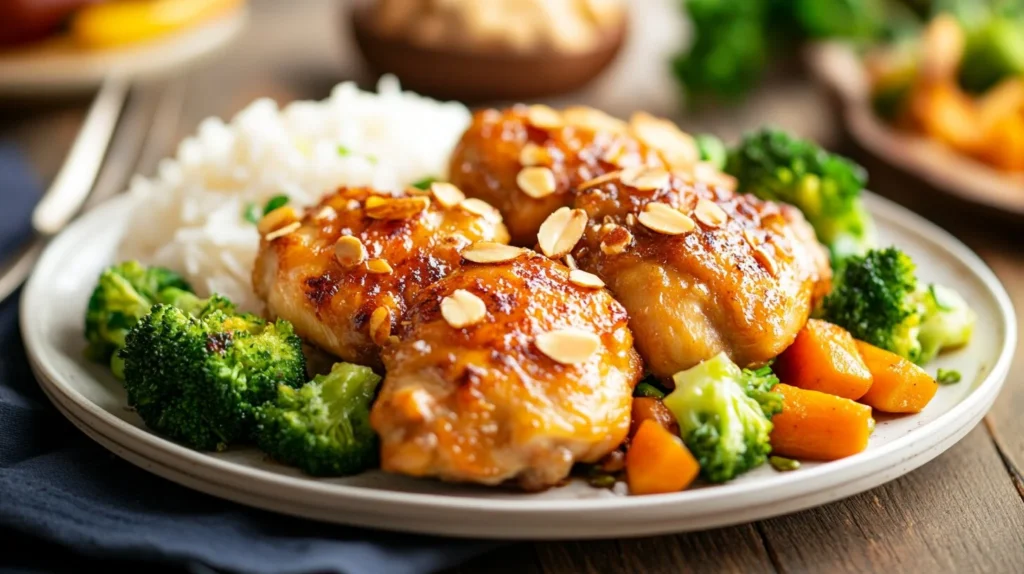 A plate of almond chicken garnished with toasted almonds and served with rice and vegetables.
