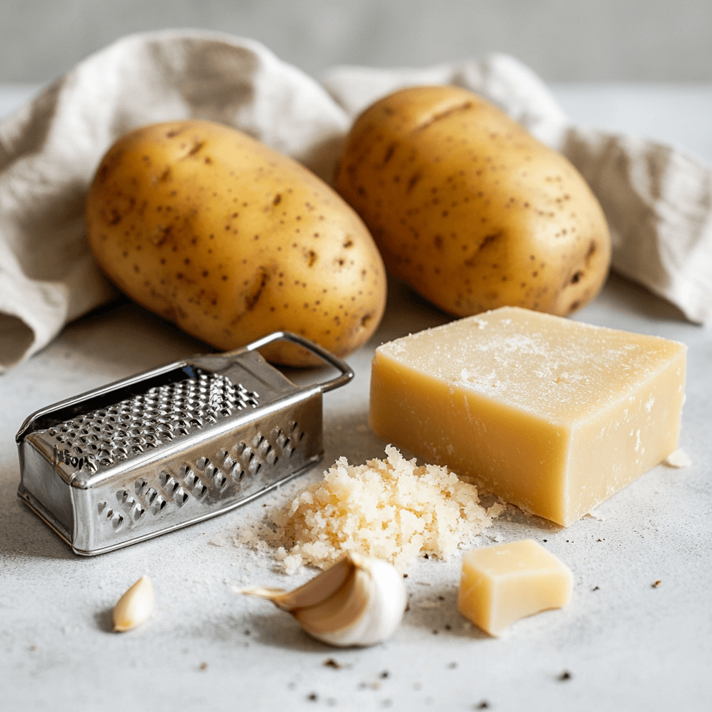 Raw potatoes, Parmesan cheese, and garlic on a kitchen counter.