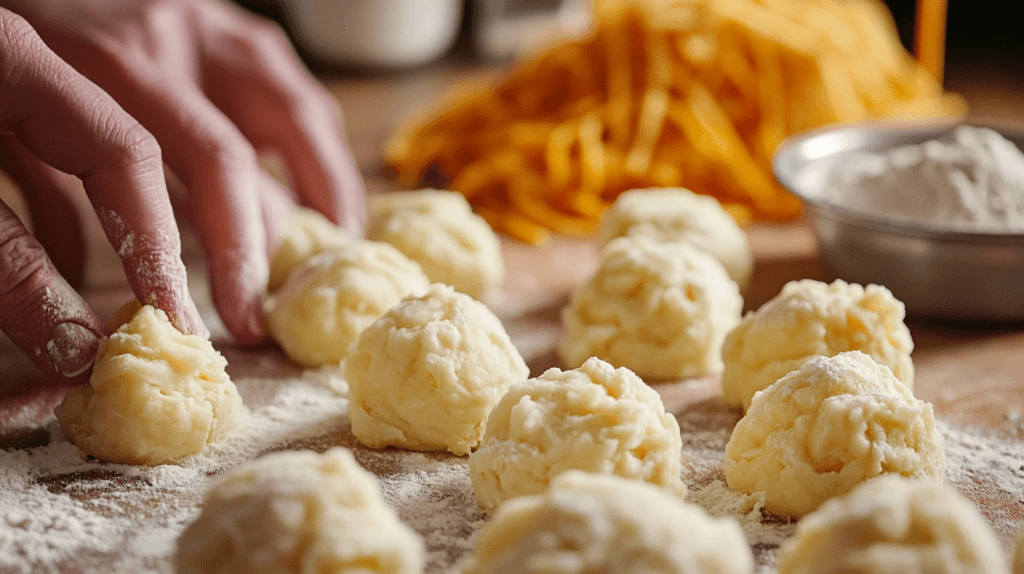 Shaping Cheesy Mashed Potato Puffs on a floured surface.
