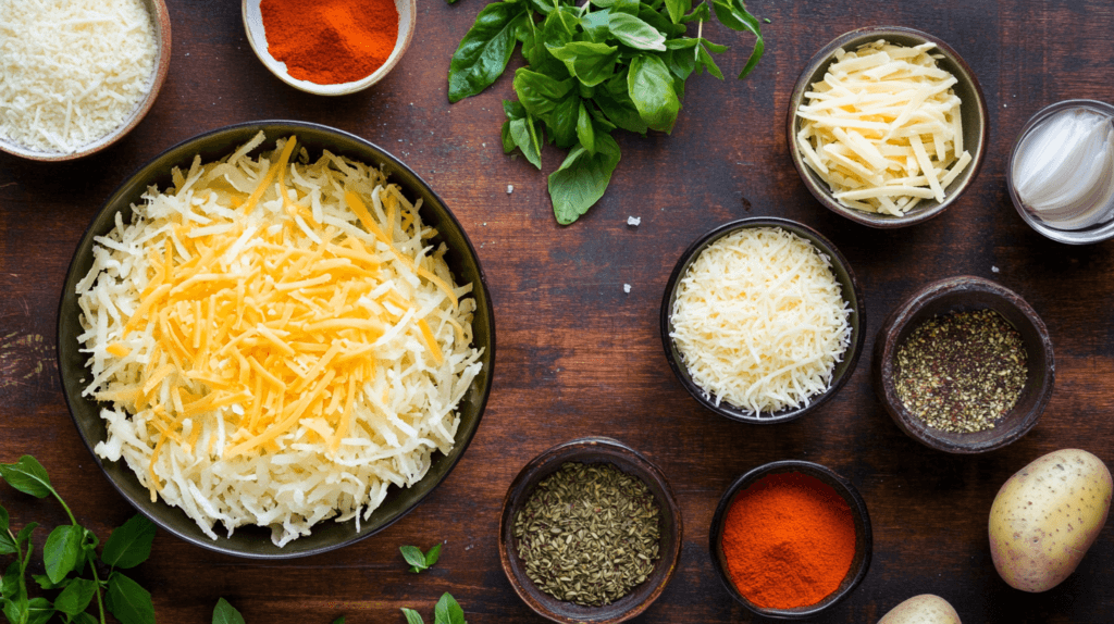Ingredients for making cheesy hash browns, including potatoes and cheese.