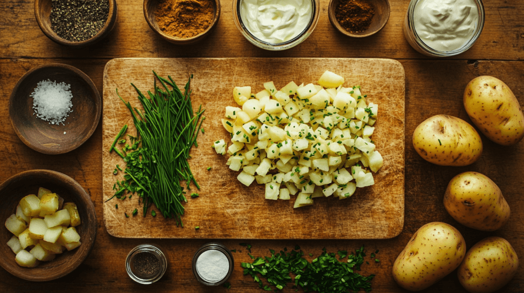 Fresh ingredients for crispy potato salad on a wooden board.