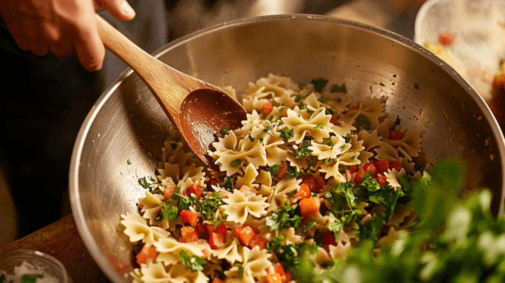 Mixing bowtie pasta and vegetables in a bowl.