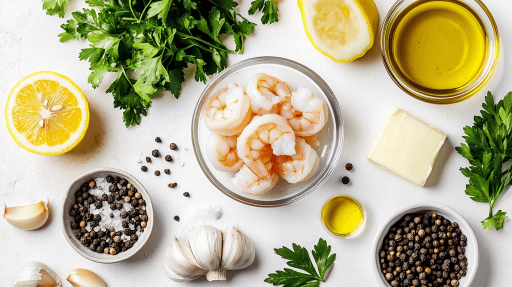 Ingredients for lemon pepper shrimp, including shrimp, lemon, garlic, black pepper, parsley, olive oil, and butter.