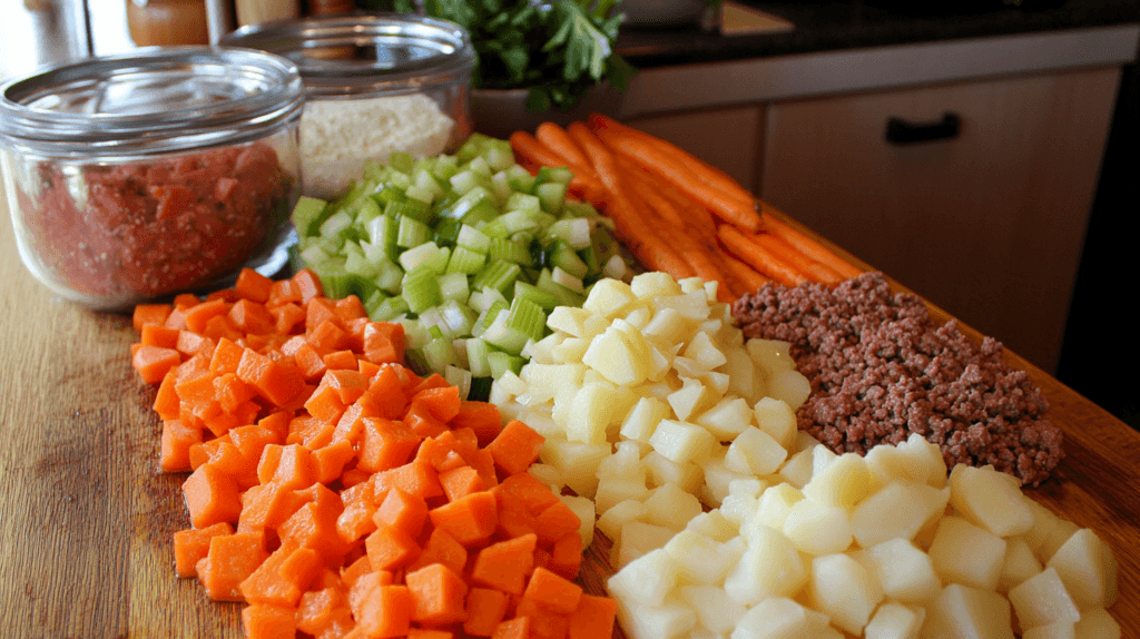 Ingredients for hamburger potato soup arranged on a kitchen counter