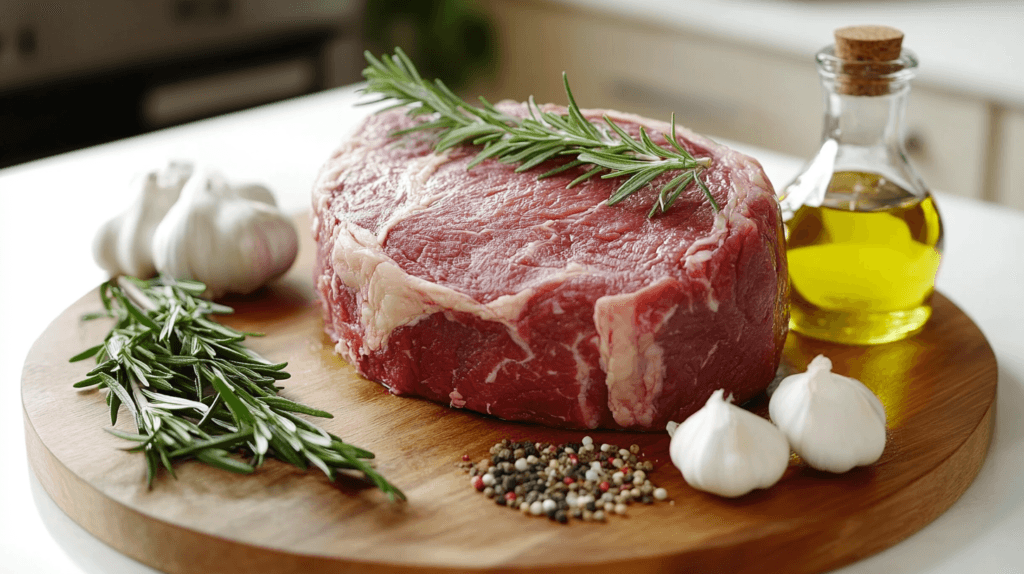 Ingredients for beef bottom round roast, including spices and herbs