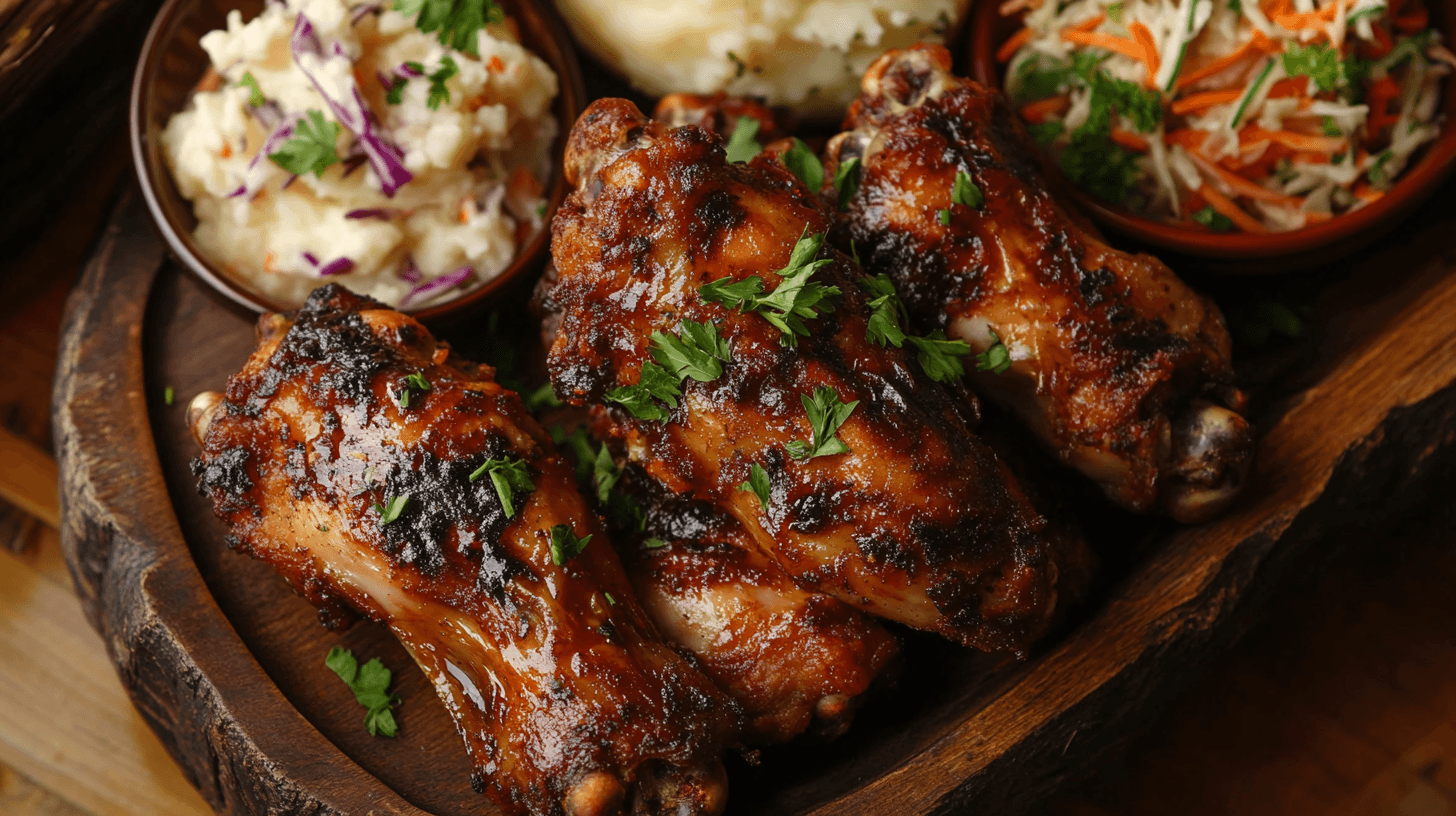 Fried chicken legs on a plate with crispy, golden-brown coating.