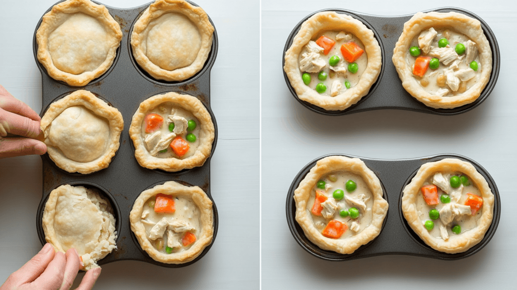Mini chicken pot pies baking in the oven with golden crusts