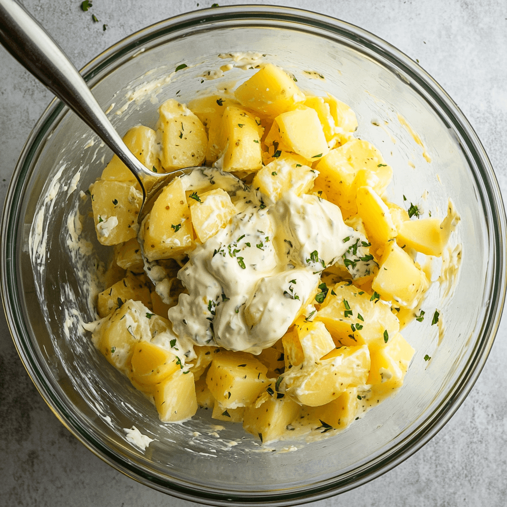 Step-by-step preparation of potato and egg salad.